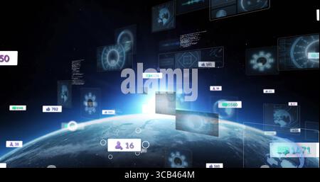 Displaying Earth globe above horizon in orbit, with floating holograms, user counts, code windows Stock Photo