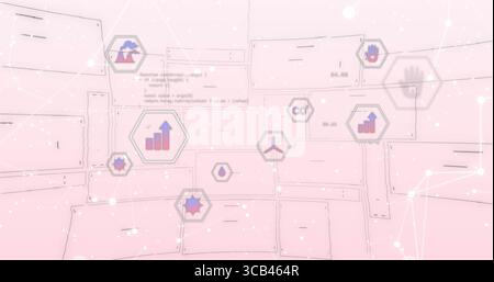 Displaying floating hexagonal environmental icons on pastel pink backdrop, with network lines Stock Photo