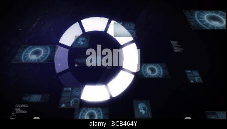 Rotating circular progress indicator in dark interface, with HUD showing charts, maps and code Stock Photo