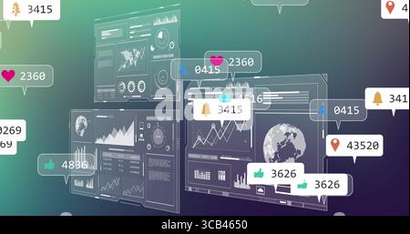 Floating screens displaying graphs, world map and notification icons in virtual interface Stock Photo