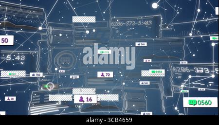 Displaying digital network view filling frame in data dashboard, with user icons, chat counters Stock Photo