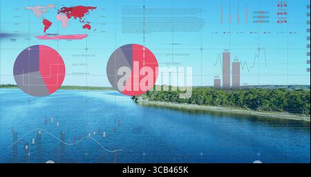 Displaying large circular pie chart overlaying calm lakeside water, with world map and line graph Stock Photo