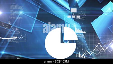Displaying data on screen showing pie chart slice, zigzag line graph, bars and translucent panels Stock Photo