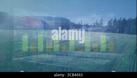 Displaying translucent green bar chart with white line graph over rural meadow at forest edge, Stock Photo