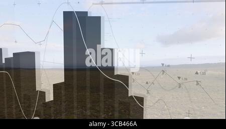 Displaying bar chart silhouettes rising over arid plain, with curved white line and numeric markers Stock Photo