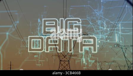 Displaying BIG DATA graphic over transmission towers and power lines at dusk, showing network flow Stock Photo