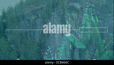 Displaying financial chart overlay on mountain slope, with candlesticks, 100% indicator Stock Photo