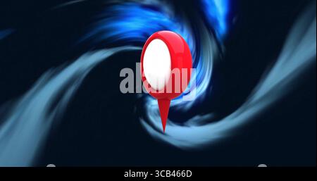 Hovering red 3D map pin marker floating in digital environment, with swirling blue-black vortex Stock Photo
