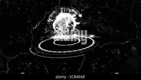 Hovering holographic Earth globe displaying rings in grunge digital interface with glitch effects Stock Photo