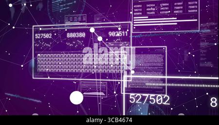 Displaying digital network mesh in purple cyberspace, with keyboard grid panel and code panels Stock Photo