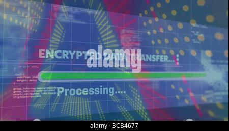 Showing encrypted data transfer message on screen, with processing text and green progress bar Stock Photo