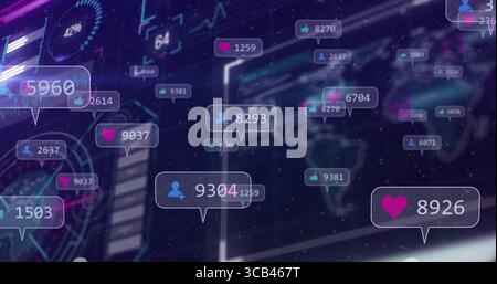 Displaying speech-bubble showing avatar count 9304 and heart 1259 on dashboard with world map Stock Photo