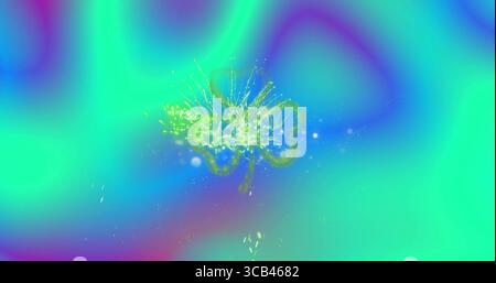 Radiating central digital particle burst on multicolor backdrop, with glowing orbs and light trails Stock Photo