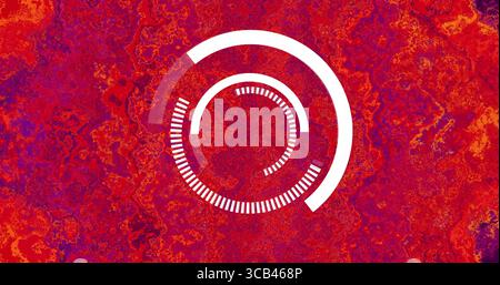 Showing white circular progress indicator in digital design, with marbled red and purple background Stock Photo
