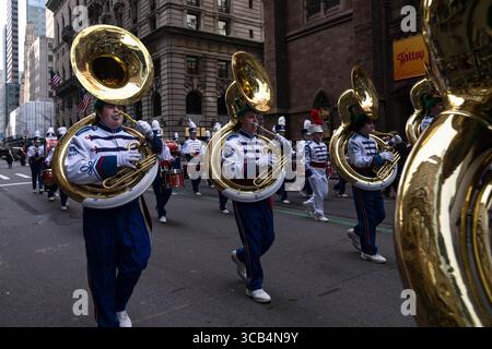 March 17, 2023, New York, New York, USA: Horn players from the Londonderry High School marching band perform in the 262nd NYC St. Patrick's Day Parade. (Credit Image: © Laura Brett/ZUMA Press Wire) Stock Photo
