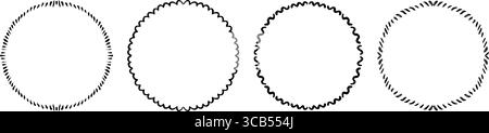 Circle hand drawn scalloped frame set. Round black ribbon border collection. Vector doodled lace cadre frames. Radial squiggly border pack for invitation, wedding party, birthday, greeting card Stock Vector