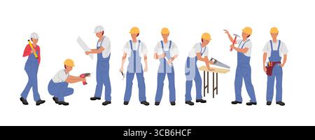 Construction workers engaged in various tasks on a job site during the day Stock Vector