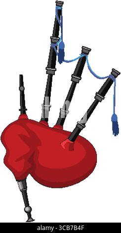 Vector illustration of classic Scottish bagpipes with a vibrant red bag, black pipes, and decorative blue cords, rendered in a clean cartoon style Stock Vector