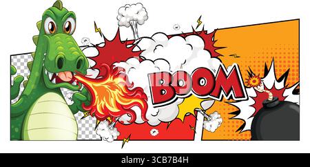 Vector illustration of a green cartoon dragon breathing fire, comic-style explosion effects, bold colors, halftone background, and dynamic composition Stock Vector