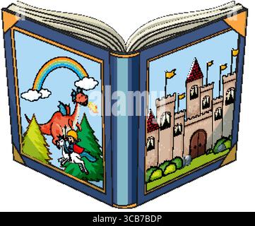 Colorful vector illustration of an open storybook showing a knight on horseback, a dragon, rainbow, and medieval castle in cartoon style Stock Vector