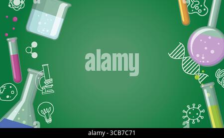 Vector illustration of laboratory glassware, microscope, DNA strand, and scientific icons arranged around a green chalkboard with copy space in the ce Stock Vector