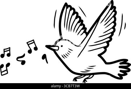 Bird singing and flying with musical notes, freedom and melody Stock Vector