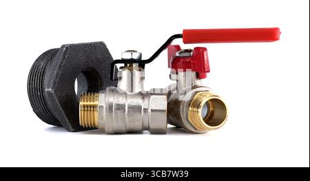 An image showcasing plumbing components, including ball valves and a pipe fitting, set against a clean white backdrop. Stock Photo