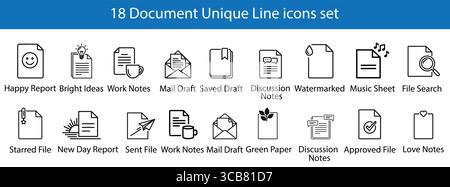 Black Line 18 Document Icons Set Love Notes, Bright Ideas, Mail Draft, Happy Report, File , Paper Stock Vector