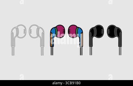 Stylized Illustration of Earphone Designs in Different Colors and Forms Stock Vector