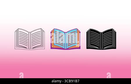 Open Book Icon Set: Outline, Colorful, and Solid Stock Vector