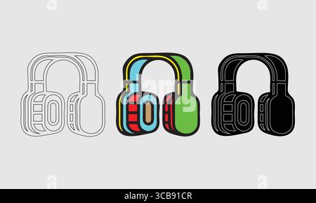 Cartoon Headphone Trio: Outline, Vibrant Color, and Solid Black Stock Vector