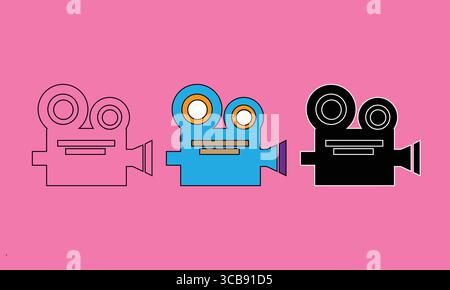 Retro Movie Camera Icon Set: Outline, Colorful, and Silhouette Stock Vector