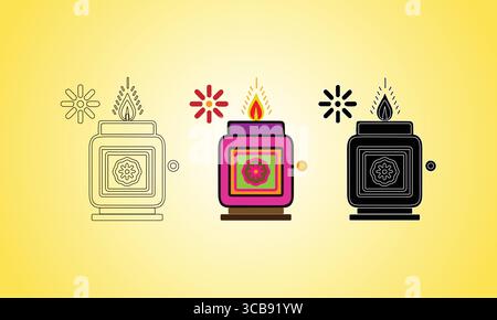 Colorful Artistic Candle Icon Set on Bright Yellow Background Stock Vector