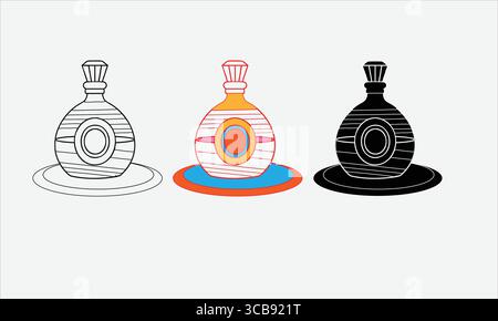 Three Bottle Illustrations in Monochrome, Color, and Silhouette Styles Stock Vector