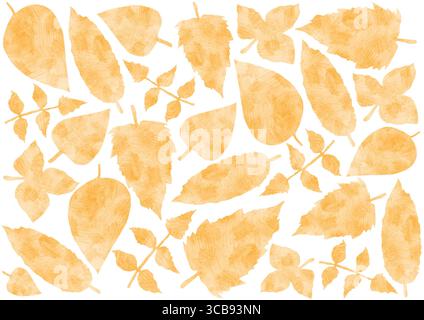 Set of dry leaves. Drawn with colored pencils. Cross strokes texture. Different shades of peach color color. Chaotically placed on white background. L Stock Photo