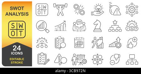 SWOT Analysis Editable Stroke Line Icon Set. Strengths, Weaknesses, Opportunities, and Threats. Business Presentations, Planning, Strategy, Infographi Stock Vector