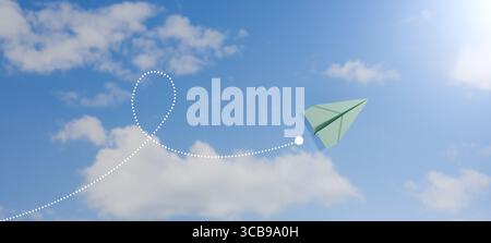 Green paper airplane flying in blue sky with dotted path, symbol of creativity, freedom, travel, and business innovation concept. 3d render. Stock Photo