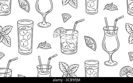 Vector seamless pattern featuring cocktail glasses, lemon slices, and mint leaves. Line art style texture. Ideal for textile prints, wrapping paper, m Stock Vector