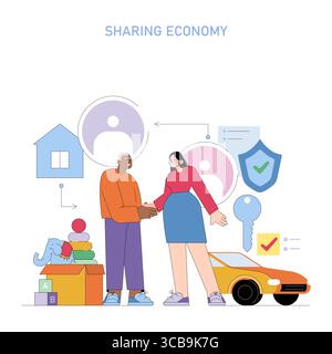 Vector illustration of two people shaking hands, symbolizing agreement in the sharing economy. Icons of home, car, and items highlight collaborative consumption and trust. Stock Vector