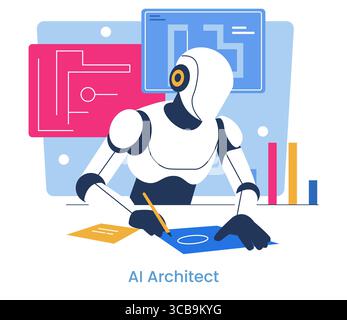A futuristic robot designing architectural plans using digital tools and graphics. Illustrates the blend of technology and creativity in architecture through AI-driven processes. Stock Vector