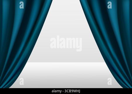 Blue silk or velvet curtains for theater stage or window decoration. Realistic vector 3d illustration. Stock Vector