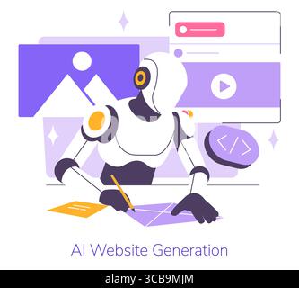 Vector illustration of an AI robot actively designing a website. The robot is depicted with a pencil, engaging with code and design elements. Ideal for themes of technology and automation. Stock Vector