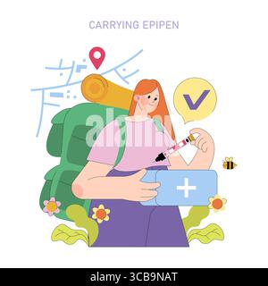 Vector illustration of a woman with a backpack holding an EpiPen during outdoor exploration. Emphasizes preparedness for emergencies in nature while surrounded by outdoor elements. Stock Vector
