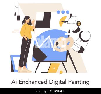 Vector illustration of an AI robot assisting an artist in creating digital artwork. The scene captures human-robot interaction with the robot holding a palette and engaging in creative tasks. Stock Vector