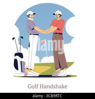 Golfers shaking hands on the green in this vector illustration, symbolizing sportsmanship and camaraderie. Two players stand by golf bags and a flag, exchanging a handshake. Stock Vector
