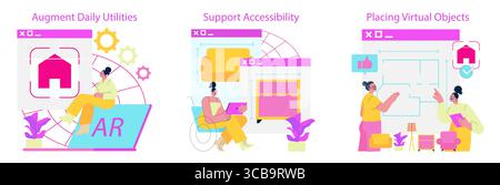 Vector illustration depicting augmented reality in daily utilities. Includes diverse individuals interacting with virtual objects and supportive technology in a vibrant, informative style. Stock Vector