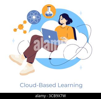 Vector illustration of a person engaged in cloud-based learning, using a laptop while surrounded by scientific icons. The image emphasizes technology and online education in a creative digital setting. Stock Vector