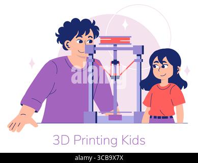 Kids are interacting with a 3D printer, showing interest and curiosity. The vector illustration highlights educational engagement in technology, enhancing creativity and learning. Stock Vector