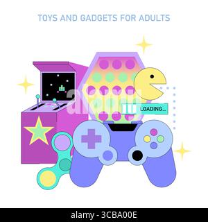 Vector illustration showcasing a colorful assortment of adult gadgets including a joystick, spinner, arcade machine, and iconic retro game elements, emphasizing playful design. Stock Vector