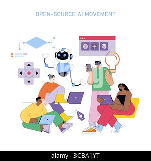 Vector illustration of a diverse team collaborating with a friendly AI robot on open-source development. Members engage with technology, showcasing cooperation and creativity. Stock Vector